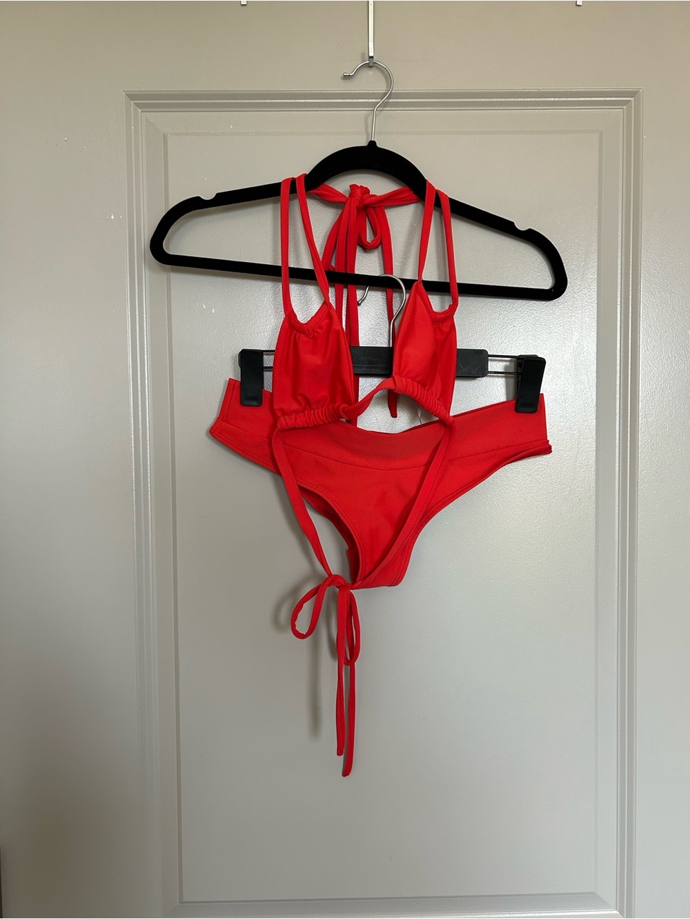 Montce Swim Red Tie-String V Notch Bikini Top and Low Rise Bottoms Set